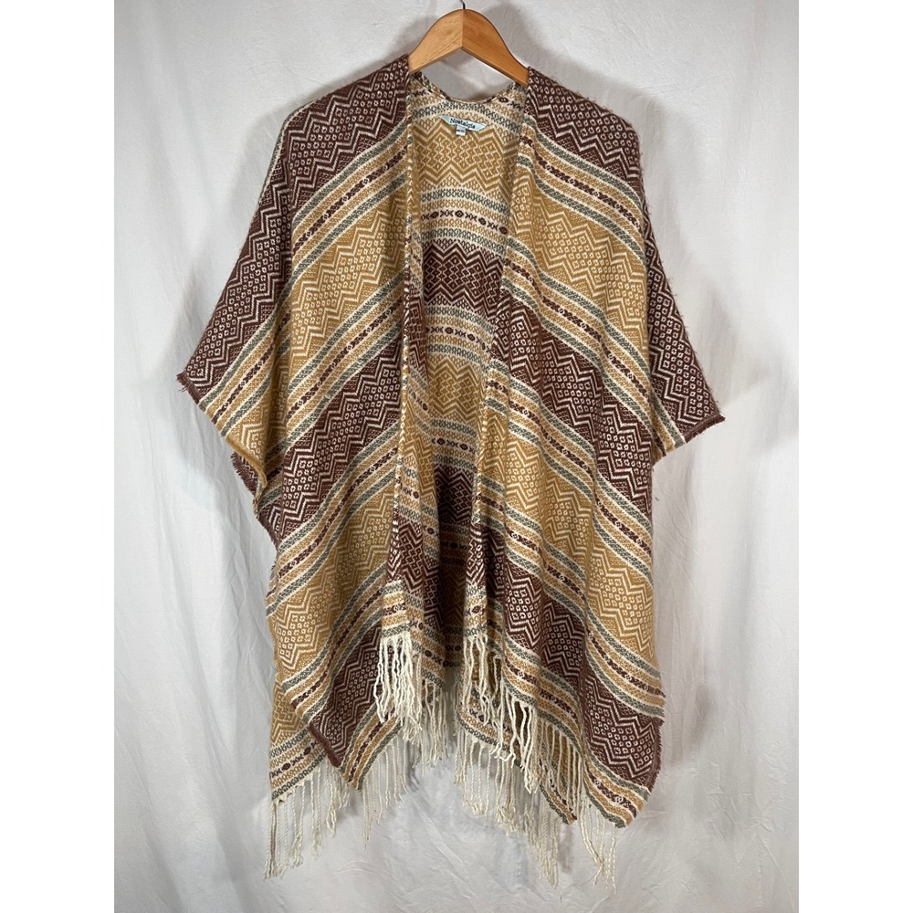 Nostalgia Southwestern Geometric Fringe Poncho Wrap Brown Tan One Size Shawl